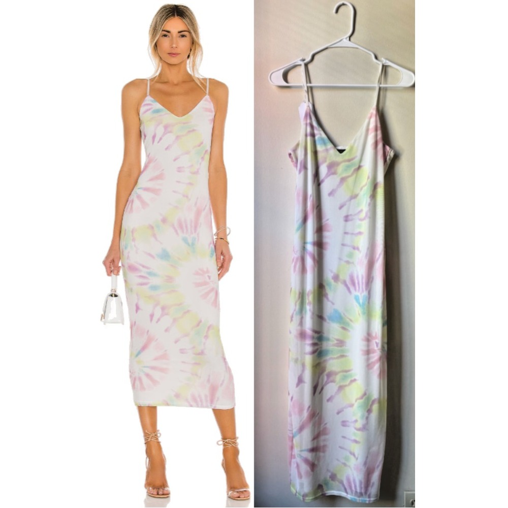AFRM Women's Size L EUC Dress White Spiral Tie Dye Mesh Midi Bodycon Comfortable
